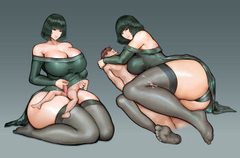 1boy 1girl bare_shoulders breast_press breast_smother breasts censored clothed_female_nude_male cum ejaculation face_to_breasts feet femdom fubuki_(one-punch_man) full_body giant giantess gradient_background green_eyes green_hair grey_background handjob hug huge_breasts kneeling kneepit_sex mosaic_censoring nude nursing_handjob one-punch_man orgasm panda-k pantyhose penis_grab size_difference soles tall_female