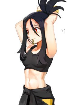 Rule 34 | 1girl, arms up, black hair, black shirt, chinese commentary, commentary, crop top, dendra (pokemon), hair tie in mouth, highres, kui kui jiang, long hair, looking ahead, midriff, mouth hold, navel, nintendo, pokemon, pokemon sv, shirt, simple background, solo, toned, toned female, tying hair, white background