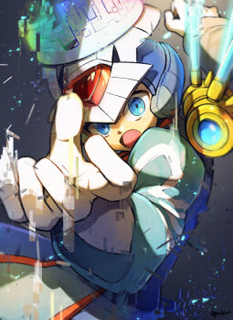 1boy blue_background blue_eyes blue_helmet commentary_request cyber_elf_x_(mega_man) foreshortening glitch helmet long_sleeves looking_at_viewer mega_man_(series) mega_man_zero_(series) open_mouth pechka ringed_eyes solo twitter_username underwater upper_body x_(mega_man)
