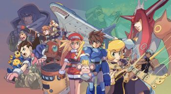 6+boys 6+girls armor black_bodysuit blonde_hair blue_armor blue_hair bodysuit brown_hair character_request cowboy_shot dark-skinned_female dark-skinned_male dark_skin data_(mega_man) group_picture hat highres jacket mega_man_(series) mega_man_legends mega_man_legends_(series) mega_man_volnutt monkey multiple_boys multiple_girls newsboy_cap non-humanoid_robot red_hat red_jacket red_shorts robot robot_animal roll_caskett_(mega_man) sarahhuang2 servbot_(mega_man) short_hair shorts tron_bonne_(mega_man)
