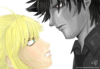 1girl artoria_pendragon_(fate) black_hair blonde_hair emiya_kiritsugu fate/stay_night fate/zero fate_(series) hinootora jacket long_hair master saber_(fate) self-upload servant