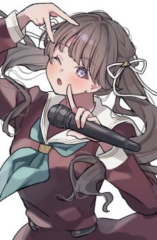 1girl ;o aqua_neckerchief brown_dress brown_hair dress floating_hair fujishima_megumi hair_intakes hair_ornament hair_ribbon hasu_no_sora_school_uniform highres holding holding_microphone holding_with_gesture index_finger_raised inward_v lilac_(li_lac_3) link!_like!_love_live! long_hair long_sleeves looking_at_viewer love_live! microphone neckerchief official_alternate_hairstyle on_your_mark_(love_live!) one_eye_closed purple_eyes ribbon sailor_collar sailor_dress school_uniform simple_background solo triangle_hair_ornament v virtual_youtuber white_background white_ribbon white_sailor_collar winter_uniform