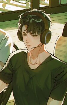 Rule 34 | 1boy, 1other, aegyo sal, backlighting, black eyes, black hair, black shirt, commentary request, expressionless, headphones, highres, kkkktzr1, omniscient reader's viewpoint, out of frame, shirt, short hair, t-shirt, toned, toned male, yoo joonghyuk