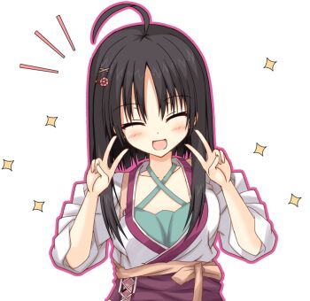 Rule 34 | 1girl, :d, ^ ^, ahoge, black hair, blunt ends, blush, closed eyes, commentary request, criss-cross halter, double v, facing viewer, green shirt, hair ornament, hairclip, halterneck, hands up, happy, hitachi mako, japanese clothes, kanaya (cybelekanaya), kimono, long sleeves, notice lines, open mouth, outline, pink outline, senren banka, shirt, short hair with long locks, simple background, sleeves rolled up, smile, solo, sparkle, straight hair, upper body, v, white background, white kimono, wide sleeves, x hair ornament