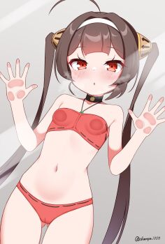 1girl absurdres against_glass azur_lane bikini blush breasts brown_hair cameltoe choker collarbone commentary_request cowboy_shot highres looking_at_viewer midriff navel petite ping_hai_(azur_lane) ping_hai_(summer_vacation)_(azur_lane) red_bikini red_eyes slumpa small_breasts solo steam swimsuit