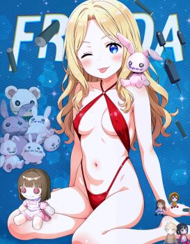 1girl areola_slip arm_support barefoot bikini blonde_hair blue_eyes blush breasts cleavage covered_erect_nipples doll feet frenda_seivelun highres long_hair looking_at_viewer medium_breasts navel red_bikini sideboob sitting slingshot_swimsuit smile solo stuffed_toy swimsuit toaru_kagaku_no_railgun toaru_majutsu_no_index tongue tongue_out