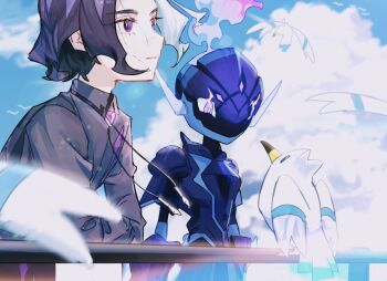 1boy amethio_(pokemon) bird bright_pupils ceruledge cloud collared_shirt commentary_request copituji day gen_3_pokemon grey_shirt highres male_focus multicolored_hair nintendo outdoors parted_lips pokemon pokemon_(anime) pokemon_(creature) pokemon_horizons purple_eyes shirt short_hair sky symbol-shaped_pupils triangle-shaped_pupils two-tone_hair white_pupils wingull