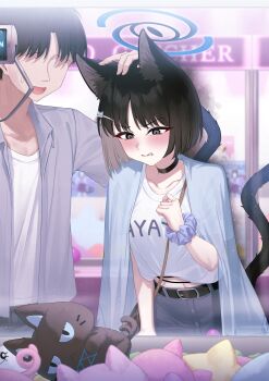 Rule 34 | 1boy, 1girl, absurdres, alternate costume, angry, animal ear fluff, animal ears, between breasts, black choker, black eyes, black hair, black pants, blue archive, blue halo, blue scrunchie, breasts, casual, cat ears, cat girl, cat tail, choker, clenched hand, clenched teeth, commentary request, crane game, extra ears, grey shirt, halo, headpat, highres, kikyou (blue archive), multiple tails, no eyes, pants, parted bangs, pizza (pizzania company), scrunchie, sensei (blue archive), shirt, short hair, strap between breasts, stuffed animal, stuffed toy, t-shirt, tail, teeth, two tails, white shirt, wrist scrunchie