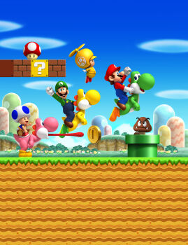 3d 4boys ?_block absurdres blue_overalls blue_sky blue_toad_(mario) boots brown_boots coin day facial_hair from_side gloves gold_coin goomba grass green_boots green_hat green_shirt green_yoshi hat highres key_visual long_tongue luigi mario mario_(series) multiple_boys mustache new_super_mario_bros._wii nintendo official_art outdoors overalls pill_hill_(mario) pink_yoshi promotional_art propeller_toad_(mario) red_hat red_shirt shirt sky super_mushroom toad_(mario) tongue tongue_out warp_pipe white_gloves yellow_boots yellow_yoshi yoshi