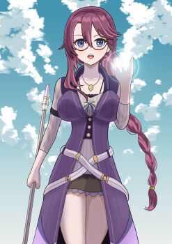 Rule 34 | 1girl, absurdres, alexmercerart, blue eyes, blue sky, braid, braided ponytail, casting spell, commentary, dress, earrings, eiyuu densetsu, emma millstein, english commentary, glasses, highres, jewelry, looking at viewer, mage staff, magic, purple dress, purple hair, sen no kiseki (series), single braid, sky, staff