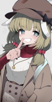 1girl animal_ears backpack bag baggy_pants belt blue_archive blush commentary_request dog_ears dog_girl finger_to_mouth flat_cap green_eyes green_hair hair_tie halo hat highres izuoku jacket jewelry necklace open_clothes open_jacket pants short_hair shushing simple_background smile sweater_vest turtleneck yakumo_(blue_archive)