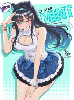 1girl ahoge animal_ears aqua_background arm_up artist_name asymmetrical_bangs bare_shoulders bead_bracelet beads black_hair blue_eyes blue_hairband blush bracelet breasts character_name cleavage_cutout clothing_cutout commentary dated english_commentary fishnet_pantyhose fishnets goddess_of_victory:_nikke grin hairband hand_on_own_thigh headset highres jewelry large_breasts long_hair looking_at_viewer meowing mint_(nikke) mole mole_on_breast multicolored_skirt multiple_bracelets nyan_(themare) one_eye_closed outside_border pantyhose simple_background skirt sleeveless smile solo sparkle speech_bubble standing very_long_hair white_nails