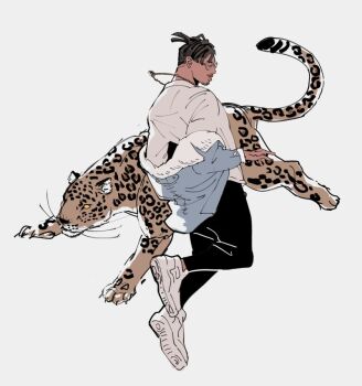 Rule 34 | 1boy, animal, black panther (movie), black panther (series), black pants, blue jacket, chinese commentary, closed eyes, collared jacket, commentary request, dark-skinned male, dark skin, dreadlocks, facial hair, full body, fur trim, glasses, jacket, jacket partially removed, jewelry, killmonger, leopard, male focus, marvel, ming (5unri5e666), necklace, pants, rimless eyewear, ring, ring necklace, shoes, simple background, sneakers, solo, white background, white fur