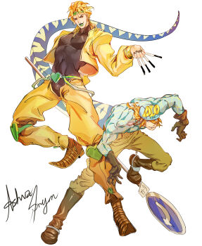 Rule 34 | 2boys, absurdres, ashva, belt, blonde hair, cropped jacket, diego brando, dinosaur tail, dio brando, earrings, evil smile, full body, hat, headband, highres, jewelry, jojo no kimyou na bouken, knife, lipstick, long hair, long sleeves, looking at another, makeup, male focus, multiple boys, muscular, muscular male, pointy footwear, red eyes, road sign, scary monsters (stand), shoes, sign, smile, stand (jojo), stardust crusaders, steel ball run, sweater, tail, weapon