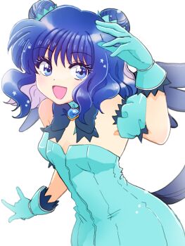 Rule 34 | 1girl, aizawa mint, aqua dress, aqua gloves, bird girl, bird tail, blue bow, blue eyes, blue hair, blue theme, blush, bow, breasts, collarbone, commentary request, detached sleeves, double bun, dress, gloves, hair bun, hair ornament, medium breasts, mew mint, parted lips, puffy short sleeves, puffy sleeves, sakaagari, short sleeves, simple background, solo, strapless, strapless dress, tail, tokyo mew mew, tokyo mew mew new, white background