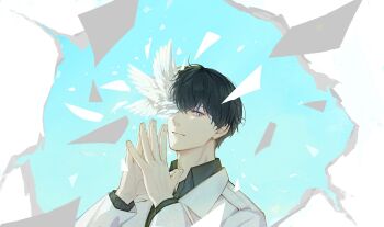 1boy absurdres black_hair black_shirt blue_sky clear_sky coat collared_shirt commentary_request falling_paper feathered_wings hair_between_eyes hands_up head_wings highres kim_dokja looking_at_viewer male_focus omniscient_reader&#039;s_viewpoint open_clothes open_coat sanjinmogufufu shirt short_hair sky smile solo steepled_fingers too_many_papers torn_paper upper_body white_coat white_eyes white_wings wings