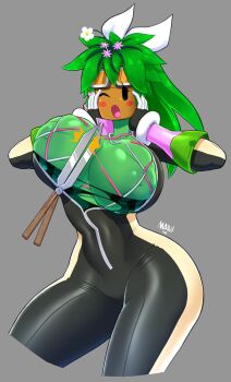 1girl blaster_master_zero breasts cleavage colored_skin green_skin highres huge_breasts kanna_(blaster_master_zero) maru_zyru_kun nipples plant