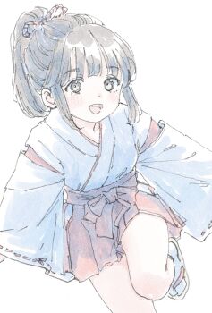 1girl blunt_bangs blush brown_hair dot_nose feet_out_of_frame hakama hakama_skirt highres japanese_clothes kosode looking_at_viewer miko open_mouth original parted_bangs ponytail poranka_(porankaran) red_hakama running sandals short_hair sidelocks simple_background skirt socks solo thighs white_background white_kosode white_socks