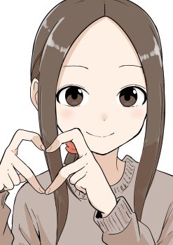 Rule 34 | absurdres, brown eyes, brown hair, brown sweater, closed mouth, finger heart, forehead, highres, inaba mifumi, karakai jouzu no (moto) takagi-san, karakai jouzu no takagi-san, looking at viewer, own hands together, ponytail, simple background, smile, sweater, takagi-san, upper body, white background, yamamoto souichirou