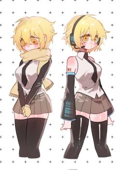 1girl black_necktie black_thighhighs blonde_hair blush_stickers borrowed_clothes breasts collared_shirt commentary_request cosplay cowboy_shot cross_background detached_sleeves don_quixote_(project_moon) empty_eyes gloves grey_skirt hatsune_miku hatsune_miku_(cosplay) headset highres index_(identity)_(project_moon) korean_commentary limbus_company long_sleeves looking_ahead looking_down medium_breasts miniskirt multiple_views necktie number_tattoo pleated_skirt pmchell_04 project_moon scarf shirt short_hair simple_background skirt sleeveless sleeveless_shirt sleeves_past_wrists standing tattoo thighhighs thighs vocaloid yellow_eyes yellow_gloves yellow_scarf zettai_ryouiki