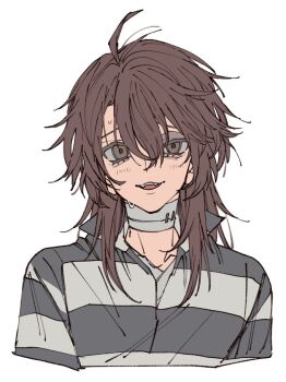 1boy :3 ahoge alternate_hairstyle bandaged_neck bandages brown_eyes brown_hair bruise bruised_eye cropped_torso fangs hair_between_eyes hair_down half-closed_eye head_tilt identity_v injury long_hair looking_at_viewer luca_balsa male_focus minotackle popped_collar portrait raised_inner_eyebrows shirt solo striped_clothes striped_shirt sweat