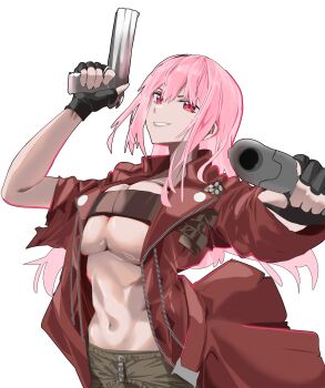 1girl absurdres aiming aiming_at_viewer black_gloves breasts cosplay daaku_(koizumi_arata) dante_(devil_may_cry) dante_(devil_may_cry)_(cosplay) devil_may_cry devil_may_cry_(series) devil_may_cry_3 ebony_&amp;_ivory fingerless_gloves gloves gun highres holding holding_gun holding_weapon hololive hololive_english jacket large_breasts long_hair looking_at_viewer mori_calliope navel pink_hair red_eyes red_jacket virtual_youtuber weapon