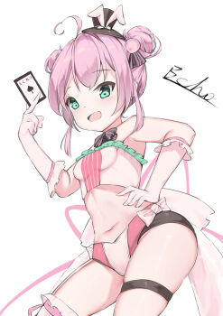 Rule 34 | 1girl, absurdres, ahoge, black hat, character name, commentary, double bun, english commentary, frilled gloves, frills, gloves, green eyes, hair bun, hand on own hip, hat, heart, heart ahoge, highres, hololive, hololive china, mini hat, navel, pink hair, sagirihimesama, single thighhigh, skindentation, solo, spade (shape), spade echo, stomach, thigh strap, thighhighs, top hat, virtual youtuber, white background, white gloves, white thighhighs
