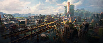 absurdres blue_sky boat building city cityscape cloud cloudy_sky commentary day english_commentary felixriano flock highres lake no_humans original outdoors railroad_tracks robot scenery science_fiction sky solarpunk tower train tree water watercraft