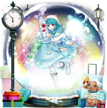 1girl :p alternate_costume alternate_hairstyle analog_clock bag blue_bow blue_bowtie blue_dress blue_eyes blue_hair boots bow bowtie box braid capelet clock closed_umbrella dress fur-trimmed_capelet fur_trim game_cg gift gift_box hat heterochromia highres holding holding_umbrella in_snow_globe lace-up_boots lamppost leg_up long_sleeves looking_at_viewer official_art pantyhose red_eyes roman_numeral rotte_(1109) shoulder_bag side_braid single_braid smile snowflakes solo standing standing_on_one_leg tatara_kogasa third-party_source tongue tongue_out touhou touhou_lostword transparent_background umbrella white_boots white_capelet white_hat white_pantyhose