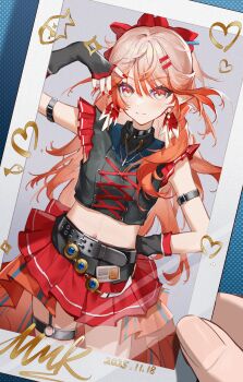 1girl 1other absurdres arknights belt belt_buckle black_belt black_gloves black_shirt bow brown_hair buckle character_request closed_mouth commentary_request crop_top dated fingerless_gloves gloves gradient_hair grey_eyes hair_between_eyes hair_bow hair_ornament hairclip heart highres holding holding_photo itsuka_(pixiv90988220) long_hair midriff multicolored_hair nail_polish navel photo_(object) pleated_skirt pointy_ears red_bow red_hair red_nails red_skirt shirt skirt smile solo_focus very_long_hair