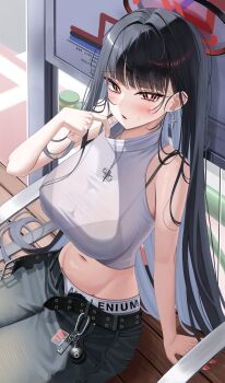 1girl absurdres adjusting_collar belt black_bra black_hair black_halo black_pants blue_archive blush bra bra_strap bra_visible_through_clothes breasts bright_pupils carabiner cleavage commentary_request crop_top day earrings halo hand_up highres hsxxx jewelry key large_breasts long_hair looking_at_viewer multicolored_halo navel open_belt outdoors pants parted_lips red_eyes red_halo rio_(blue_archive) see-through_clothes sitting sleeveless sleeveless_turtleneck small_sweatdrop solo sports_panties stomach sweat turtleneck two-tone_halo underwear very_long_hair