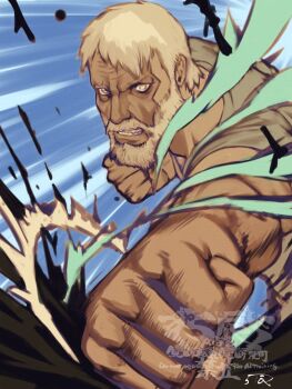 1boy 5tatsu artist_name bare_shoulders beard black_pants blonde_hair blue_background clenched_hands clenched_teeth commentary_request facial_hair furrowed_brow grey_tank_top highres joe_baker male_focus mature_male muscular muscular_male pants parted_lips punching resident_evil resident_evil_7:_biohazard short_hair solo tank_top teeth upper_body