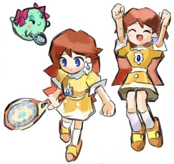 Rule 34 | 2girls, blue eyes, bow, bow (paper mario), brown hair, dress, earrings, flower earrings, jewelry, long hair, mario (series), mario tennis, mario tennis (nintendo 64), multiple girls, nintendo, paper mario, paper mario 64, princess daisy, princess daisy (classic sports), racket, rakugaki shitagari-ya, red bow, simple background, smile, tennis racket, white background, yellow dress