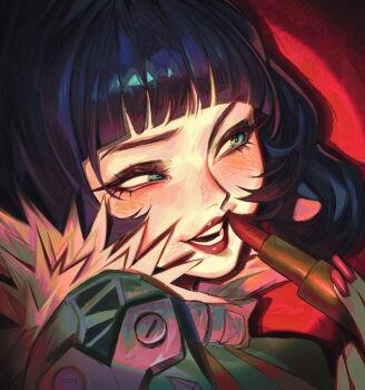 Rule 34 | 1girl, alexartxvi, animal ears, black hair, blue eyes, commentary, commission, cosmetics, fingernails, fur-trimmed jacket, fur trim, grey jacket, hand up, holding, holding lipstick tube, jacket, jane doe (zenless zone zero), lipstick tube, looking to the side, mouse ears, mouse girl, open mouth, portrait, red background, red lips, red nails, solo, zenless zone zero