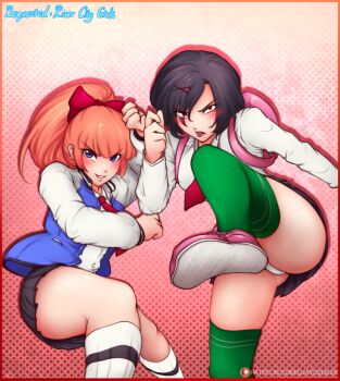 2girls ass backpack bag black_hair blue_eyes blush bow breasts djayo fighting_stance jacket kunio-kun_series kyoko_(kunio-kun) large_breasts lips long_hair long_sleeves misako_(kunio-kun) multiple_girls necktie orange_hair panties polka_dot polka_dot_background ponytail red_bow river_city_girls school_uniform shoes short_hair skirt socks standing standing_on_one_leg teeth thick_thighs thighs underwear