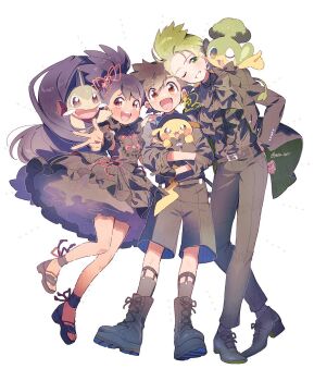 1girl 2boys alternate_costume ankle_socks anklet apron ash_ketchum asymmetrical_hair axew belt belt_buckle black_belt black_dress black_footwear black_hair black_jacket black_pants black_shirt black_shorts black_socks black_suit blazer blue_bow blue_bowtie boots border bow bowtie buckle buttons center_frills cilan_(pokemon) closed_mouth coattails collared_jacket collared_shirt commentary creature creature_on_shoulder cross-laced_footwear dark-skinned_female dark_skin dot_nose dress dress_pants dress_shoes formal_clothes frilled_dress frills full_body gen_1_pokemon gen_5_pokemon green_eyes green_hair green_jacket grey_apron grey_bow grey_bowtie grey_shirt hair_between_eyes hair_ribbon hand_on_own_hip happy head_tilt high_ponytail iris_(pokemon) jacket jewelry knees lapels layered_sleeves leg_belt leg_up light_blush long_hair multiple_belts multiple_boys nintendo notched_lapels on_shoulder one_eye_closed open_clothes open_jacket open_mouth orange_eyes outstretched_arm palms pansage pants petticoat pikachu pokemon pokemon_(anime) pokemon_(creature) pokemon_bw_(anime) ponytail red_ribbon redrawn ribbon sandals serizawa_serizane shirt short_dress short_hair shorts signature simple_background sleeveless sleeveless_dress smile socks spiked_hair suit symbol-only_commentary tareme two-sided_fabric two-sided_jacket v very_long_hair waist_apron waist_ribbon white_background