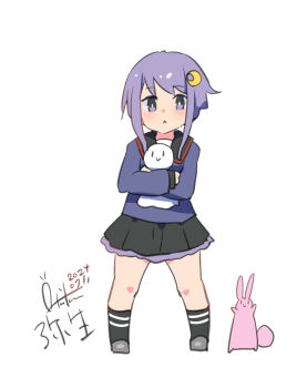 Rule 34 | 1girl, absurdres, black sailor collar, black skirt, black socks, blue shirt, blush, character name, closed mouth, dated, grey footwear, highres, hugging object, inica, kantai collection, one-hour drawing challenge, pleated skirt, purple eyes, purple hair, rabbit, sailor collar, school uniform, serafuku, shirt, short hair, signature, skirt, socks, teruterubouzu, white background, yayoi (kancolle)
