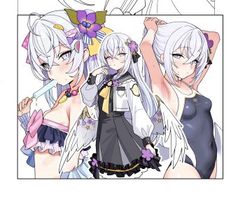 1girl absurdres armpits arms_behind_head azusa_(blue_archive) azusa_(swimsuit)_(blue_archive) bikini black_dress black_one-piece_swimsuit black_sailor_collar blue_archive blush bow bow_bikini breasts cowboy_shot crescent_halo crossed_bangs dress expressionless feathered_wings flower food food_in_mouth frilled_bikini frilled_sailor_collar frills hair_between_eyes hair_bow hair_flower hair_ornament halo hand_up heart highres holding holding_food holding_own_hair holding_popsicle long_hair long_sleeves looking_at_viewer low_wings medium_breasts melting_popsicle multiple_views notice_lines official_alternate_costume one-piece_swimsuit outline pink_bow ponytail popsicle popsicle_in_mouth puffy_long_sleeves puffy_sleeves purple_bow purple_eyes purple_flower rong_hui sailor_collar school_swimsuit school_uniform serafuku shirt sidelocks solo sweat swimsuit textless_version trinity_general_school_swimsuit tying_hair upper_body very_long_hair white_hair white_outline white_shirt white_wings wings yellow_halo