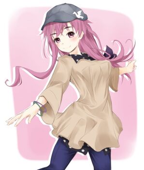 1girl alternate_eyebrows blue_pants blush breasts brown_dress closed_mouth commentary_request cowboy_shot dress grey_hat hat long_hair long_sleeves looking_at_viewer medium_breasts meigo_arisa mismatched_eyebrows outstretched_arms pants pink_background pink_eyes pink_hair shin_(highest1192) short_dress smile solo spread_arms toaru_majutsu_no_index toaru_majutsu_no_index:_endymion_no_kiseki