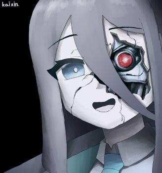 Rule 34 | 1girl, :d, absurdres, android, aris (blue archive), black background, black hair, blue archive, blue eyes, blue necktie, broken, collared shirt, commentary, glowing, glowing eye, hair between eyes, highres, jacket, kai xin, long hair, looking at viewer, necktie, one side up, open clothes, open jacket, open mouth, portrait, shirt, sidelocks, simple background, smile, solo, t-800, terminator (series), the terminator, white shirt