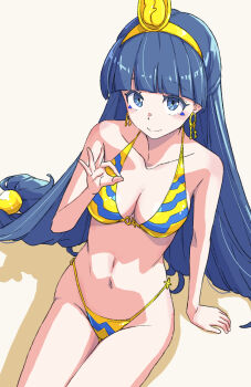 1girl bikini blue_eyes blue_hair blunt_bangs breasts closed_mouth collarbone commentary_request gold_tiara highres jack_(wkm74959) long_hair looking_at_viewer mark_under_both_eyes medium_breasts michigami_nareko multicolored_bikini navel one-hour_drawing_challenge sitting smile solo swimsuit thighs touhou two-tone_bikini