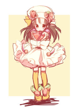 1girl bow brown_eyes brown_hair carrot cherry cooking_idol_ai!_mai!_main! dress female_focus food fruit gift hat hiiragi_mine holding holding_gift incoming_gift nakamura_sandayo solo tiptoes