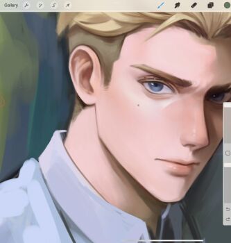 1boy art_program_in_frame blonde_hair blue_eyes close-up closed_mouth collared_shirt commentary english_commentary highres kookirani male_focus millions_knives portrait shirt short_sideburns sideburns solo trigun trigun_stampede unfinished white_shirt