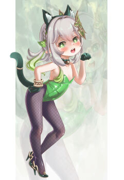 1girl absurdres alternate_costume animal_ears bare_shoulders black_pantyhose blush border braid cat_ears cat_tail dot_nose elf eyelashes fake_animal_ears fake_tail female_focus fishnet_pantyhose fishnets from_side full_body genshin_impact gloves gradient_hair green_eyes green_gloves green_hair green_leotard green_shoes grey_hair hand_on_own_hip hand_up high_heels highres leaning_forward leotard loli long_hair looking_at_viewer looking_to_the_side mihoyo multicolored_hair nahida_(genshin_impact) nekomancer03 nipple_slip nipples open_mouth pantyhose playboy_bunny pointy_ears ponytail shoes smile solo standing strapless strapless_leotard tail teeth tongue two-tone_hair upper_teeth_only white_border zoom_layer