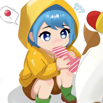 1girl absurdres animal_penis bead_necklace beads bestiality blue_eyes blue_hair blush boots brown_shorts buruberi coat cross cross_necklace dog dog_penis fellatio female_focus green_footwear highres hood hood_up hooded_jacket hoodie jacket jewelry jubilee_2025 loli luce_(jubilee_2025) mud muddy necklace oral penis penis_grab raincoat shorts simple_background sitting solo_focus white_background yellow_coat yellow_hood yellow_hoodie yellow_jacket yellow_raincoat