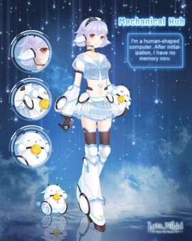 1girl animal_ears artist_request black_gloves black_hairband black_thighhighs blue_shirt blue_skirt blue_sky boots brown_eyes character_name close-up closed_mouth cloud collarbone controller copyright_logo cropped_shirt curly_hair dot_nose english_text eyelashes fake_animal_ears fake_horns full_body game_controller gloves hairband happy headset holding holding_controller holding_game_controller horn_hairband horns knee_boots layered_skirt light_blush logo looking_at_viewer mechanical_boots mechanical_ears mechanical_hub_(miracle_nikki) miniskirt miracle_nikki necktie night nikki_(series) non-humanoid_robot official_art outdoors pleated_skirt puffy_short_sleeves puffy_sleeves purple_hair reflective_floor robot robot_animal sailor_collar science_fiction see-through_clothes see-through_sleeves sheep sheep_ears shirt short_hair short_sleeves showgirl_skirt skirt sky smile solo standing star_(sky) starry_sky tareme thighhighs third-party_source white_arm_warmers white_boots white_necktie white_sailor_collar white_skirt white_sleeves