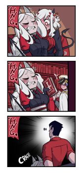 1boy 5girls archangel_(helltaker) cerberus_(helltaker) doodle_shark english_text fellatio female_orgasm helltaker helltaker_(character) highres modeus_(helltaker) multiple_girls oral orgasm shared_sense vest waistcoat