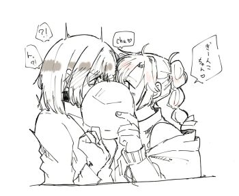 !? 2girls ahoge anyoji_hime bare_shoulders black_hair blush commentary curtained_hair greyscale heart kiss link!_like!_love_live! long_hair love_live! medium_hair momose_ginko monochrome multi-tied_hair multiple_girls off_shoulder pink_hair ponytail sidelocks sleeveless sleeveless_sweater speech_bubble spoken_heart spoken_interrobang spot_color sweater symbol-only_commentary tama_jirou_(tamaru0225) turtleneck turtleneck_sweater upper_body virtual_youtuber yuri