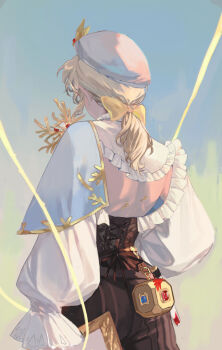 1boy absurdres androgynous backless_outfit beret black_corset blonde_hair blue_capelet bow capelet corset cowboy_shot edgar_valden edgar_valden_(golden_ratio) facing_away from_behind gold_trim hair_bow half_capelet hat highres identity_v low_ponytail male_focus official_alternate_costume panni_xing ponytail puffy_sleeves shirt solo third-party_source white_hat white_shirt yellow_bow