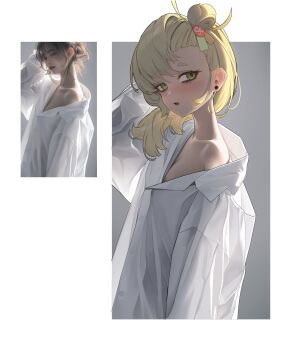 1girl absurdres alternate_costume arm_up blonde_hair blush breasts commentary covered_navel earrings from_side green_eyes grey_background highres jewelry long_hair looking_to_the_side ohoo_7am open_mouth outside_border piper_wheel real_life_insert reference_inset see-through_clothes shirt short_eyebrows simple_background single_bare_shoulder small_breasts solo thick_eyebrows upper_body white_background white_shirt zenless_zone_zero